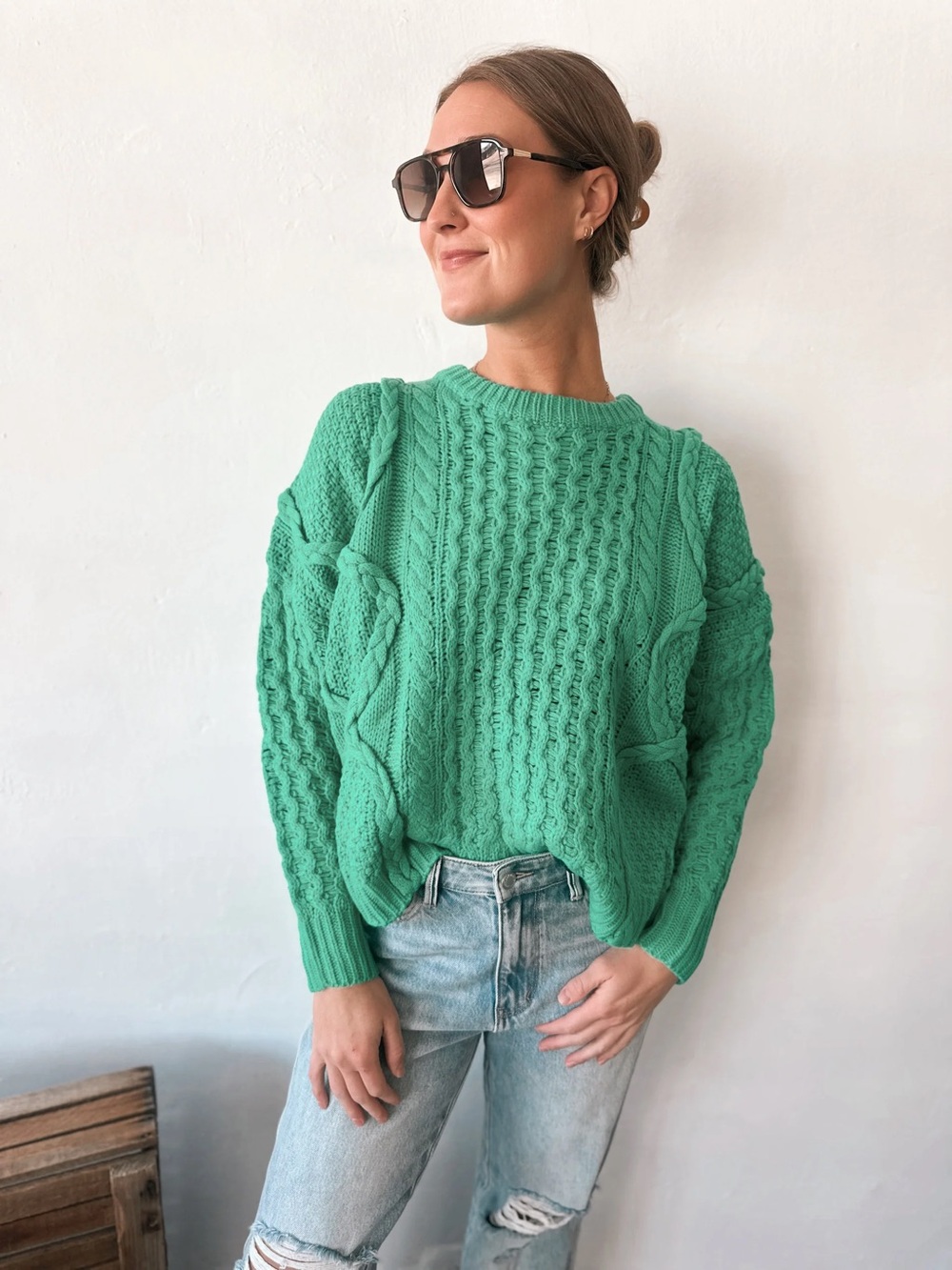NWT Dreamers Vibrant Green Cable Knit Crewneck Sweater Oversized Cozy Chunky